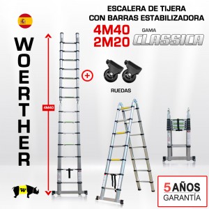 Escalera de tijera telescópica Woerther 4,40m. Triple función - Pack 3