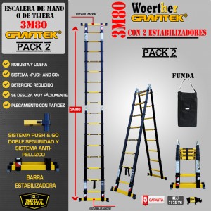 ESCALERA DE TIJERA TELESCOPICA GAMA GRAFITEK Woerther 3m80 Triple funci&oacute;n CON 2 ESTABILIZADORAS - PACK 2