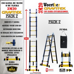 ESCALERA DE TIJERA TELESCOPICA GAMA GRAFITEK Woerther 3m20 Triple funci&oacute;n con funda de transporte