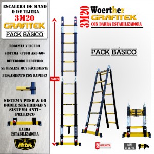 ESCALERA DE TIJERA TELESCOPICA GAMA GRAFITEK Woerther 3m20 Triple funci&oacute;n.
