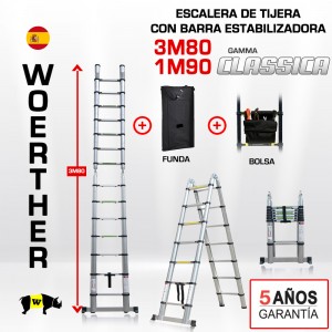 ESCALERA DE TIJERA TELESCOPICA Woerther 3m80 Triple función - PACK 4