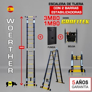 ESCALERA DE TIJERA TELESCOPICA GAMA GRAFITEK Woerther 3m80 Triple función CON 2 ESTABILIZADORAS - PACK 4