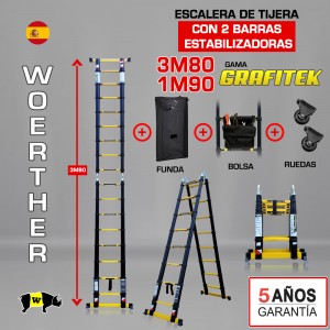 ESCALERA DE TIJERA TELESCOPICA GAMA GRAFITEK Woerther 3m80 Triple función CON 2 ESTABILIZADORAS - PACK 5
