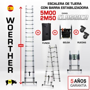Escalera de tijera telescópica Woerther 5m - Triple función - Pack 5