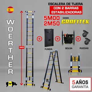 Escalera de tijera telescópica Woerther GRAFITEK 5m - Triple función - Pack 5