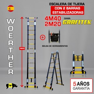 Escalera de tijera telescópica Woerther GRAFITEK 4,40m. Triple función - Pack 2