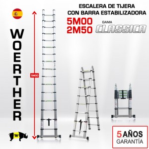 Escalera de tijera telescópica Woerther 5m - Triple función
